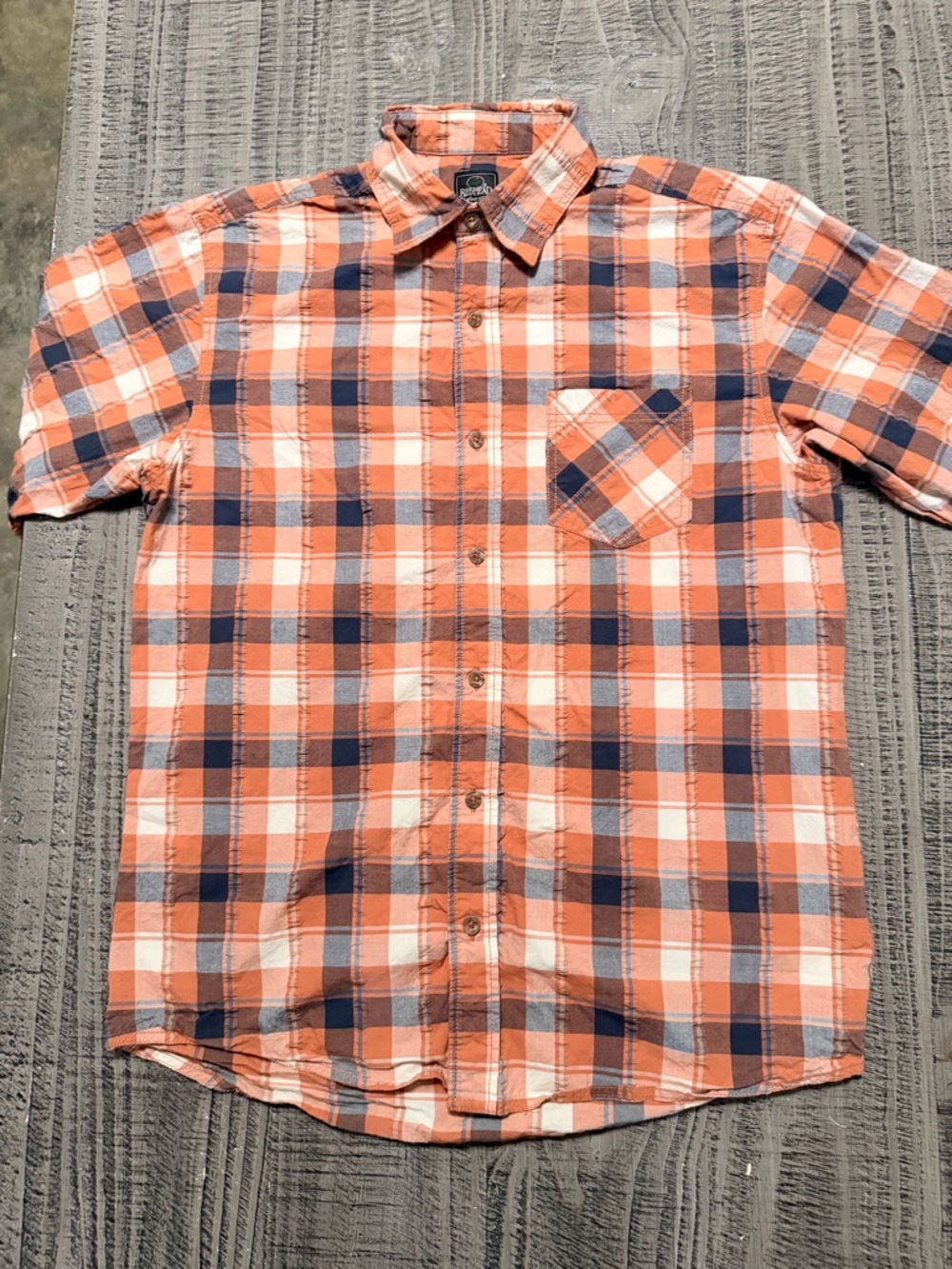 RedHead Orange Navy and White Plaid Short-Sleeve Button-Down Shirt
